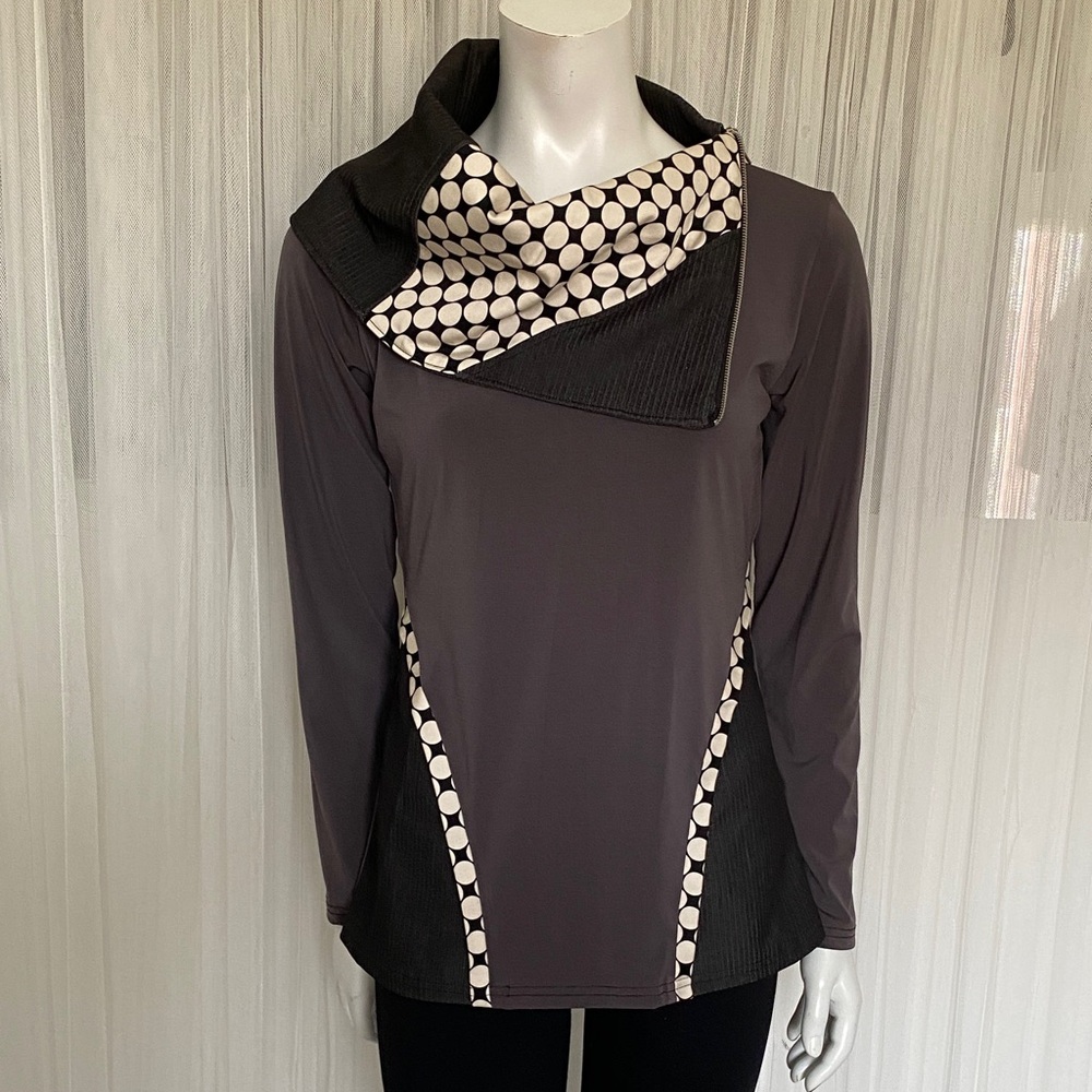 Creations Encore Stylish Gray and Black Cowl Neck Top Made in Canada 🇨🇦 Med